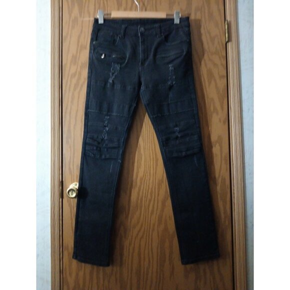 Platform 100 Jeans 34 x 32 Distressed Moto Black Slim Stretch Mens - Picture 1 of 13